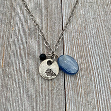 Load image into Gallery viewer, Kyanite Charm Necklace / Pewter Flower Charm / Matte Onyx / Antique Silver Chain / Adjustable
