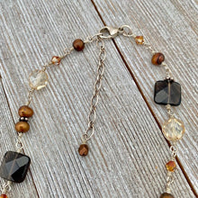 Load image into Gallery viewer, Smoky Quartz Teardrops, Copper Fresh Water Coin Pearls, Faceted Smoky Quartz Squares, Copper Swarovski Crystals, Wire Wrapped Necklace
