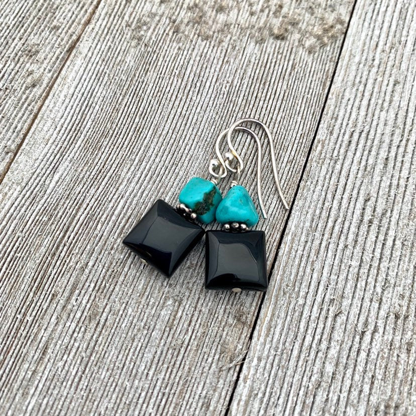 Black Onyx and Natural Turquoise Nugget Sterling Silver Earrings