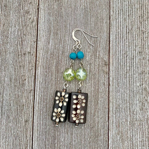 Carved Horn, Czech Glass, and Blue Magnesite Earrings