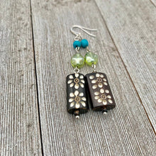 Load image into Gallery viewer, Carved Horn, Czech Glass, and Blue Magnesite Earrings
