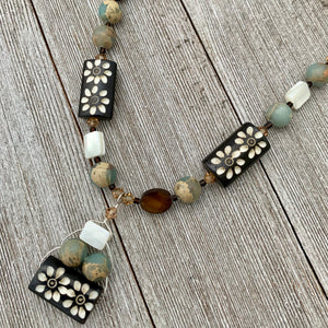 Amazonite, Mother of Pearl, and Carved Horn Necklace