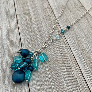 Teal Cluster Necklace with Swarovski Crystals and Pearls