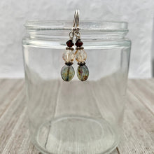 Load image into Gallery viewer, Olive Green Czech Glass, Golden Faceted Czech Glass, and Deep Brown Swarovski Crystal Sterling Silver Earrings
