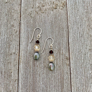Olive Green Czech Glass, Golden Faceted Czech Glass, and Deep Brown Swarovski Crystal Sterling Silver Earrings