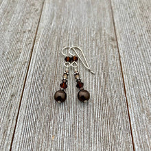 Load image into Gallery viewer, Deep Brown Swarovski Pearl and Mocca Swarovski Crystal Sterling Silver Earrings
