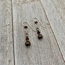 Load image into Gallery viewer, Deep Brown Swarovski Pearl and Mocca Swarovski Crystal Sterling Silver Earrings

