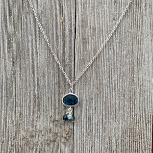 Montana Blue Charm / Crystal Dangles / Double Rolo Chain / Charm Necklace
