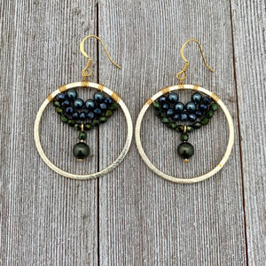 Swarovski Pearl / Green Iris Czech Glass / Navy Crystal / Gold Hoop Earrings