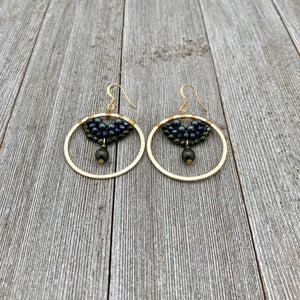 Swarovski Pearl / Green Iris Czech Glass / Navy Crystal / Gold Hoop Earrings