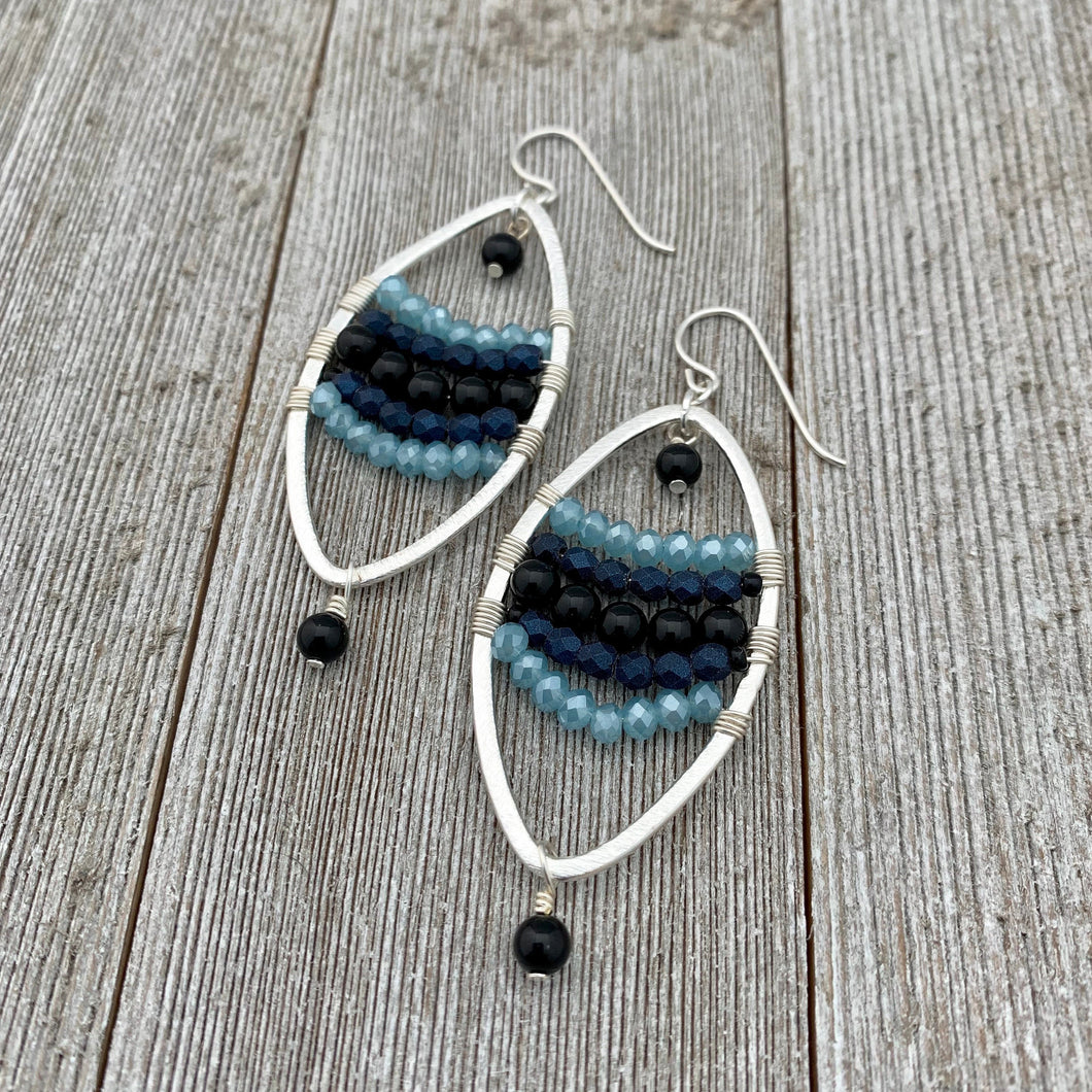 Onyx / Navy Blue Czech Glass / Blue Grey Crystals / Oval Hoop Earrings