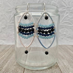Onyx / Navy Blue Czech Glass / Blue Grey Crystals / Oval Hoop Earrings