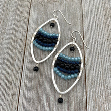 Load image into Gallery viewer, Onyx / Navy Blue Czech Glass / Blue Grey Crystals / Oval Hoop Earrings
