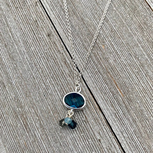 Montana Blue Charm / Crystal Dangles / Double Rolo Chain / Charm Necklace