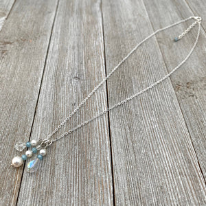 White Swarovski Pearls / Clear Swarovski Crystals / Tiny Blue Grey Crystals / Charm Necklace