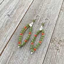 Load image into Gallery viewer, Moss Green / Coral Red / Crystals / Wire Wrapped Leaf Earrings
