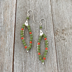 Moss Green / Coral Red / Crystals / Wire Wrapped Leaf Earrings