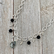 Load image into Gallery viewer, Tourmalated Quartz / Jet / Silver Shade / Swarovski Crystals / Dangling Bead Necklace
