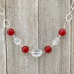 Red Quartz / Clear Crystals / Silver Plated Chain Necklace