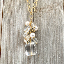 Load image into Gallery viewer, Crystal Quartz / Swarovski Pearls / Black Diamond Swarovski Crystals / Clear Oval Crystals / Matte Gold Chain / Cluster Necklace

