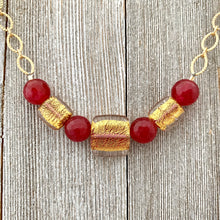 Load image into Gallery viewer, Red Quartz / Gold Foil Czech Glass / Matte Gold / Chain Necklace
