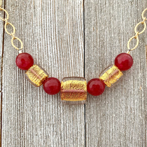 Red Quartz / Gold Foil Czech Glass / Matte Gold / Chain Necklace