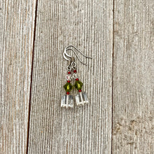 Load image into Gallery viewer, Silver Shade / Olivine / Swarovski Crystals / Red Seed Bead / Drop Earrings
