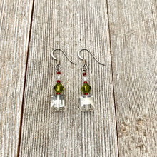 Load image into Gallery viewer, Silver Shade / Olivine / Swarovski Crystals / Red Seed Bead / Drop Earrings

