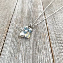 Load image into Gallery viewer, White Swarovski Pearls / Clear Swarovski Crystals / Tiny Blue Grey Crystals / Charm Necklace
