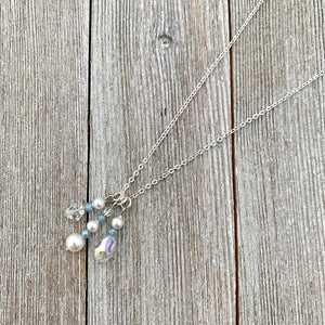 White Swarovski Pearls / Clear Swarovski Crystals / Tiny Blue Grey Crystals / Charm Necklace