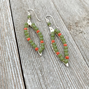 Moss Green / Coral Red / Crystals / Wire Wrapped Leaf Earrings