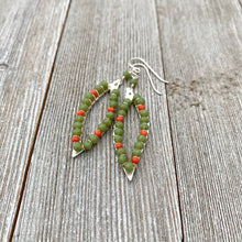 Load image into Gallery viewer, Moss Green / Coral Red / Crystals / Wire Wrapped Leaf Earrings

