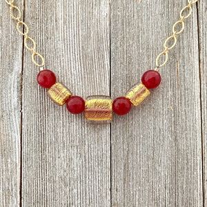 Red Quartz / Gold Foil Czech Glass / Matte Gold / Chain Necklace