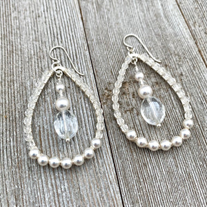 Crystal and Pearl, Wire Wrapped, Teardrop Hoop Earrings, Glass, Swarovski Pearls, Bridal, Formal