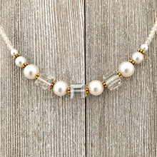 Load image into Gallery viewer, Crystal and Pearl Necklace, Swarovski, Gold Accents, Adjustable Length, Bridal, Wedding, Formal
