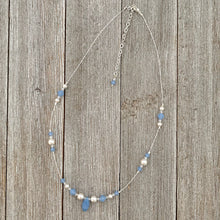 Load image into Gallery viewer, Floating Necklace, Swarovski Pearls, White, Air Blue Opal, Crystals, Tin Cup, Adjustable, Bridal
