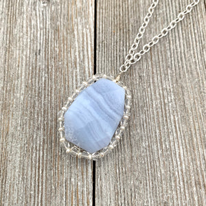 Blue Lace Agate Pendant, Freshwater Pearl, Faceted Czech Glass, Flat Cable Chain, Pendant Necklace
