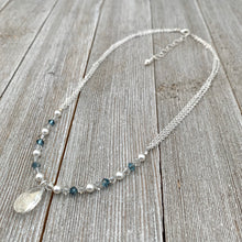 Load image into Gallery viewer, Swarovski Crystals and Pearls, Crystal Teardrop, Silver Shade, Light Sapphire Satin, Adjustable
