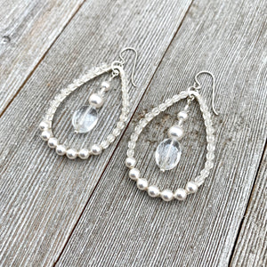 Crystal and Pearl, Wire Wrapped, Teardrop Hoop Earrings, Glass, Swarovski Pearls, Bridal, Formal