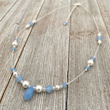 Load image into Gallery viewer, Floating Necklace, Swarovski Pearls, White, Air Blue Opal, Crystals, Tin Cup, Adjustable, Bridal

