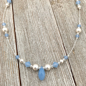 Floating Necklace, Swarovski Pearls, White, Air Blue Opal, Crystals, Tin Cup, Adjustable, Bridal