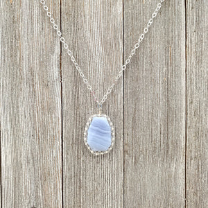 Blue Lace Agate Pendant, Freshwater Pearl, Faceted Czech Glass, Flat Cable Chain, Pendant Necklace