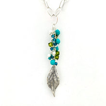Load image into Gallery viewer, Silver Leaf Pendant, Teal, Turquoise, Olivine Cluster, Long Necklace, Swarovski Crystal, Czech Glass
