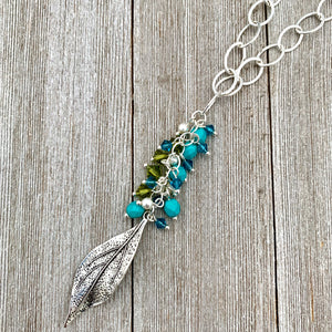 Silver Leaf Pendant, Teal, Turquoise, Olivine Cluster, Long Necklace, Swarovski Crystal, Czech Glass