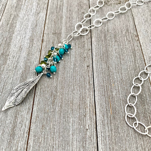 Silver Leaf Pendant, Teal, Turquoise, Olivine Cluster, Long Necklace, Swarovski Crystal, Czech Glass