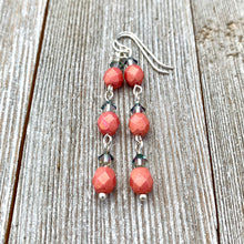 Load image into Gallery viewer, Metallic Coral Firepolish, Paradise Shine Crystal, Long Earrings, Silver Filled Ear Wires, Dangle Earrings, Swarovski Crystals, Czech Glass
