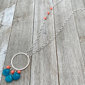 Teal Quartz Teardrops, Pink Coral, Long Necklace, Silver Plated Chain, Bead Cluster, Brushed Silver Hoop, Gift for Friend