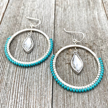 Load image into Gallery viewer, Turquoise Seed Bead Hoop Earrings, Crystal Flame Charm, Silver Filled Ear Wires, Boho Earrings, Wire Wrapped, Gift for Friend, Earring Lover
