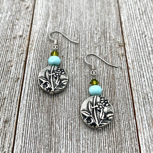 Garden Earrings, Olivine Swarovski Crystals, Turquoise Crystals, TierraCast, Antique Silver, Surgical Steel Ear Wires, For Women, Mom, Gift
