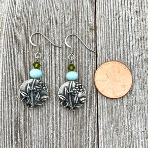 Garden Earrings, Olivine Swarovski Crystals, Turquoise Crystals, TierraCast, Antique Silver, Surgical Steel Ear Wires, For Women, Mom, Gift